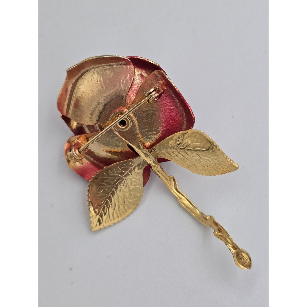 Vintage Giovanni USA Gold Tone Red Rose of Love Brooch 2.5" - Picture 8 of 8
